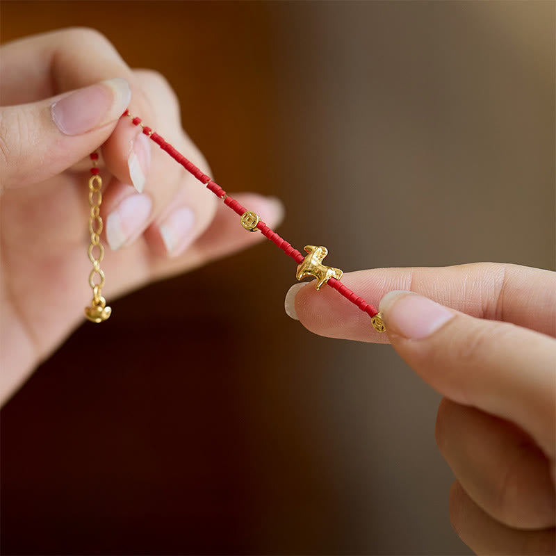 Wear FengShui 925 Sterling Silver Plated Gold Year of the Horse Red Liuli Glass Prosperity Bracelet