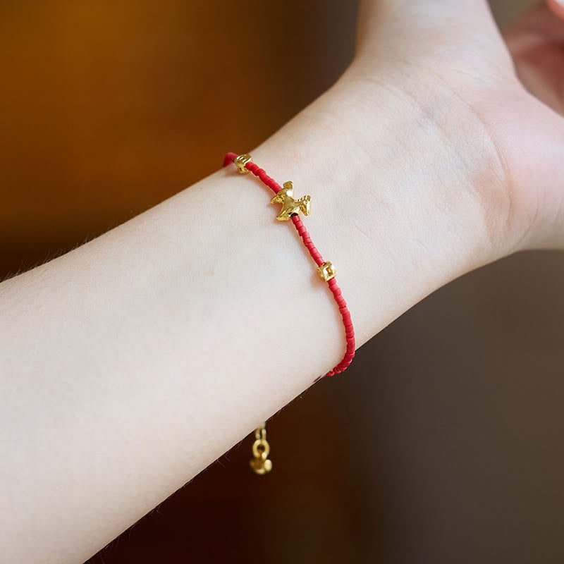 Wear FengShui 925 Sterling Silver Plated Gold Year of the Horse Red Liuli Glass Prosperity Bracelet