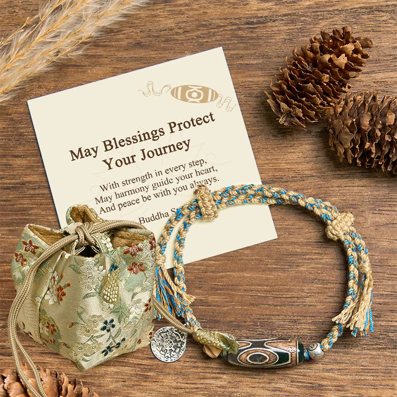 Wear FengShui "May Blessings Protect Your Journey" Dzi Bead Bracelet Includes Gift Message Card