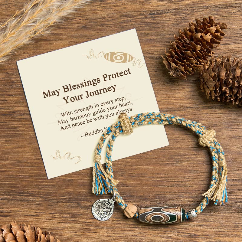 Wear FengShui "May Blessings Protect Your Journey" Dzi Bead Bracelet Includes Gift Message Card