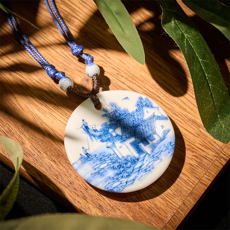 Wear FengShui Ethnic Peony Peach Blossoms Lotus Symbol Ceramics Necklace Enlightenment Pendant