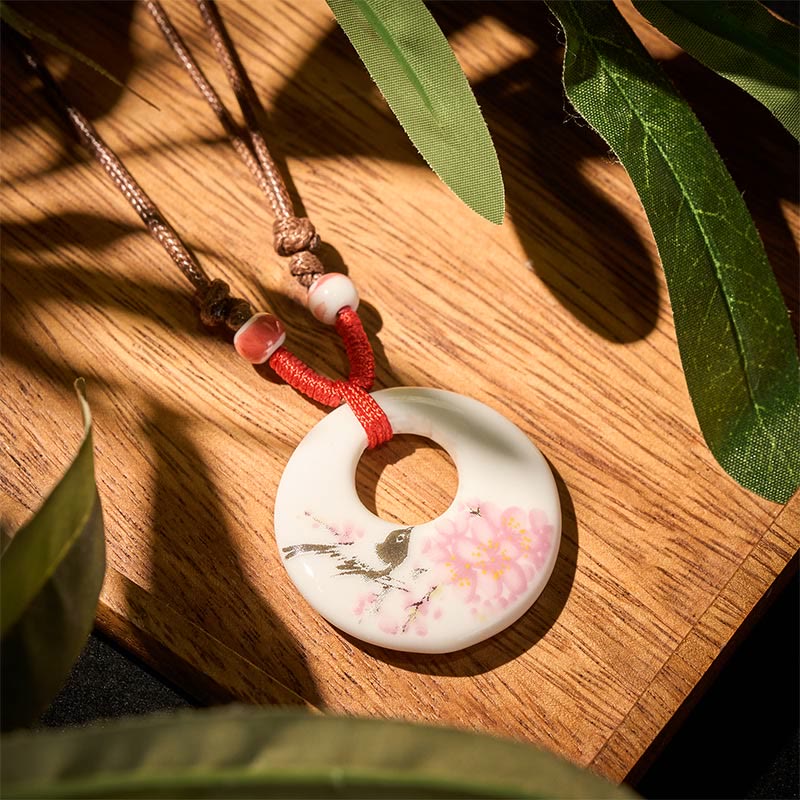 Wear FengShui Ethnic Peony Peach Blossoms Lotus Symbol Ceramics Necklace Enlightenment Pendant