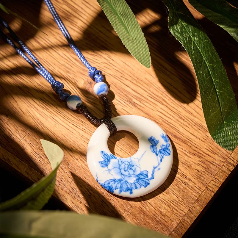 Wear FengShui Ethnic Peony Peach Blossoms Lotus Symbol Ceramics Necklace Enlightenment Pendant