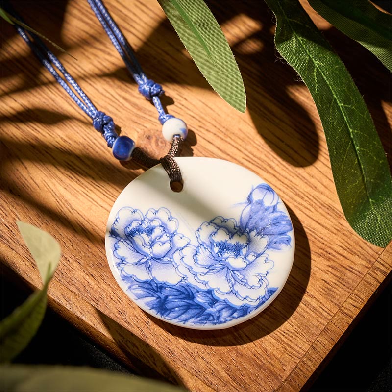 Wear FengShui Ethnic Peony Peach Blossoms Lotus Symbol Ceramics Necklace Enlightenment Pendant