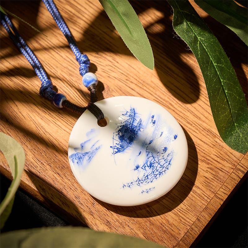 Wear FengShui Ethnic Peony Peach Blossoms Lotus Symbol Ceramics Necklace Enlightenment Pendant