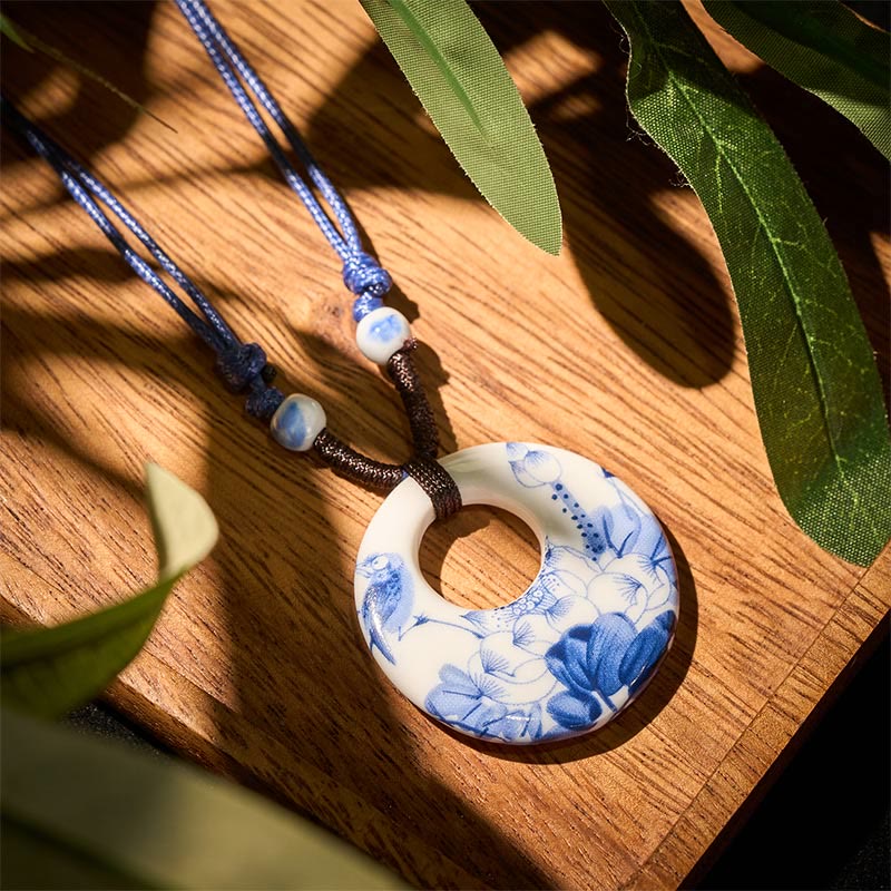 Wear FengShui Ethnic Peony Peach Blossoms Lotus Symbol Ceramics Necklace Enlightenment Pendant