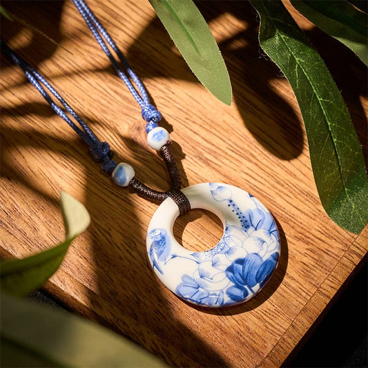Wear FengShui Ethnic Peony Peach Blossoms Lotus Symbol Ceramics Necklace Enlightenment Pendant