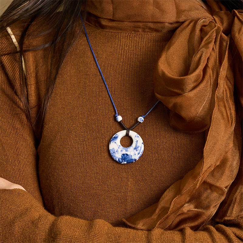 Wear FengShui Ethnic Peony Peach Blossoms Lotus Symbol Ceramics Necklace Enlightenment Pendant