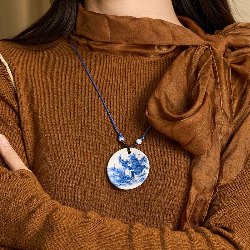 Wear FengShui Ethnic Peony Peach Blossoms Lotus Symbol Ceramics Necklace Enlightenment Pendant