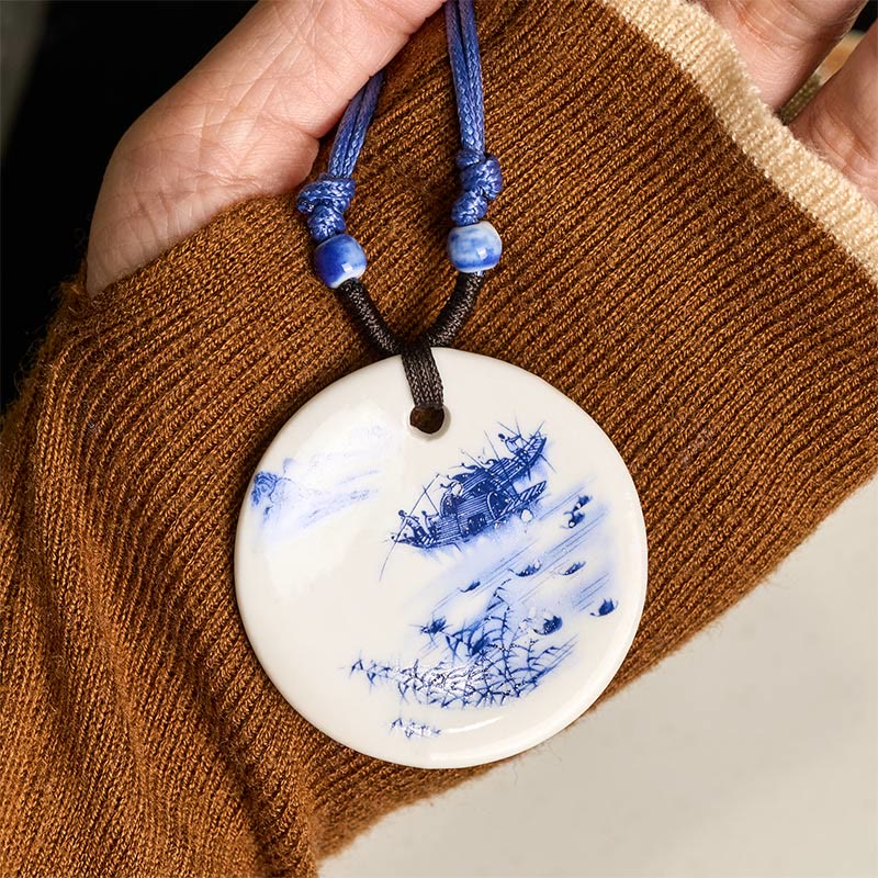 Wear FengShui Ethnic Peony Peach Blossoms Lotus Symbol Ceramics Necklace Enlightenment Pendant