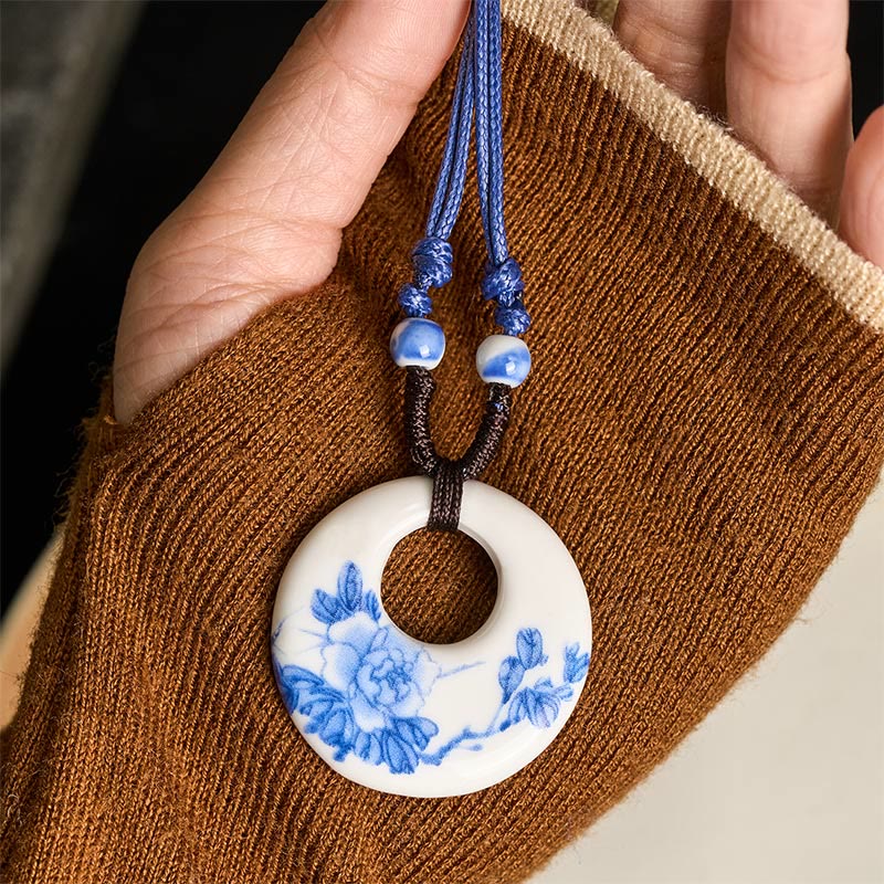 Wear FengShui Ethnic Peony Peach Blossoms Lotus Symbol Ceramics Necklace Enlightenment Pendant