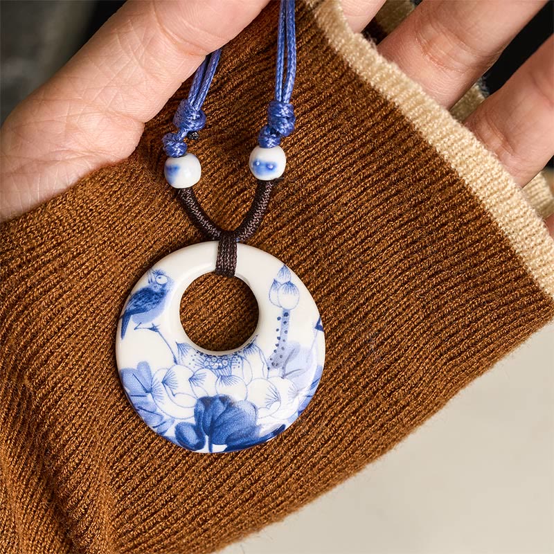 Wear FengShui Ethnic Peony Peach Blossoms Lotus Symbol Ceramics Necklace Enlightenment Pendant