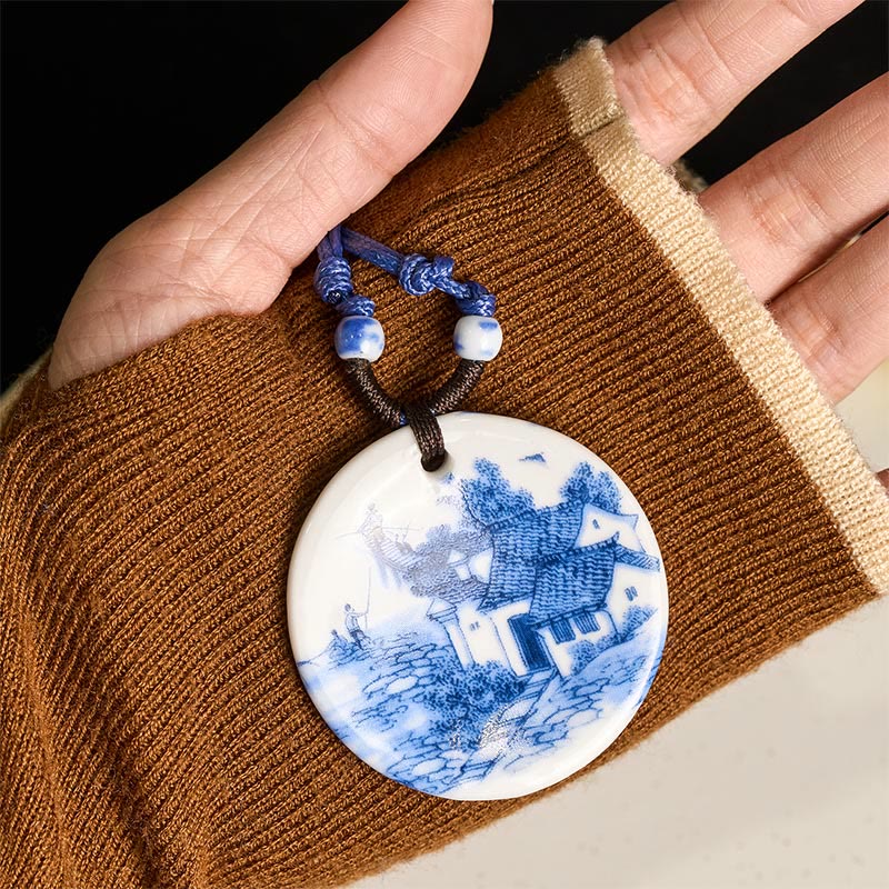 Wear FengShui Ethnic Peony Peach Blossoms Lotus Symbol Ceramics Necklace Enlightenment Pendant