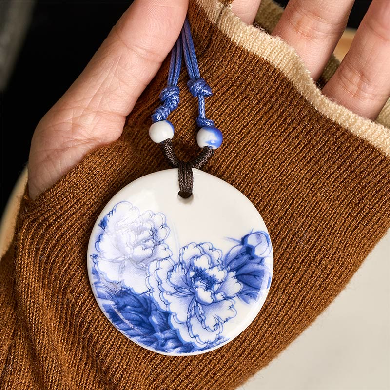 Wear FengShui Ethnic Peony Peach Blossoms Lotus Symbol Ceramics Necklace Enlightenment Pendant