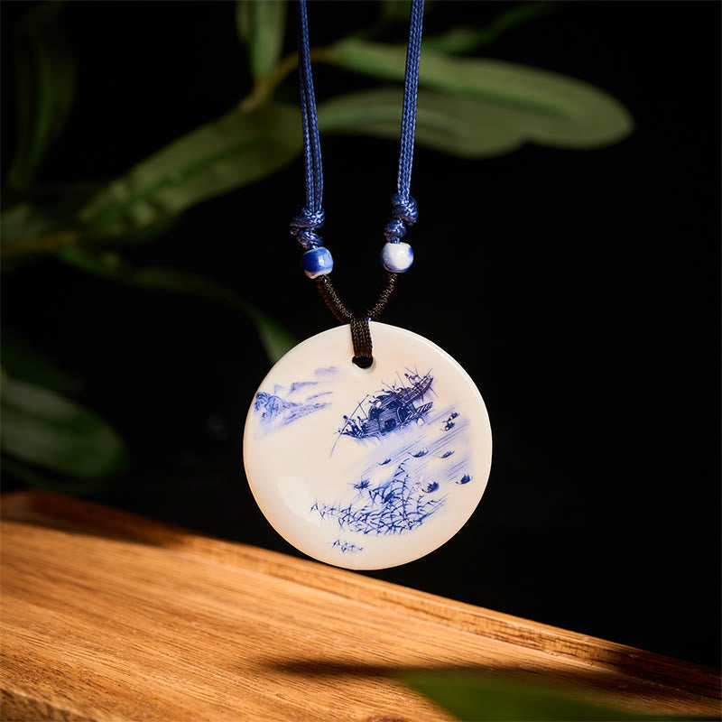 Wear FengShui Ethnic Peony Peach Blossoms Lotus Symbol Ceramics Necklace Enlightenment Pendant