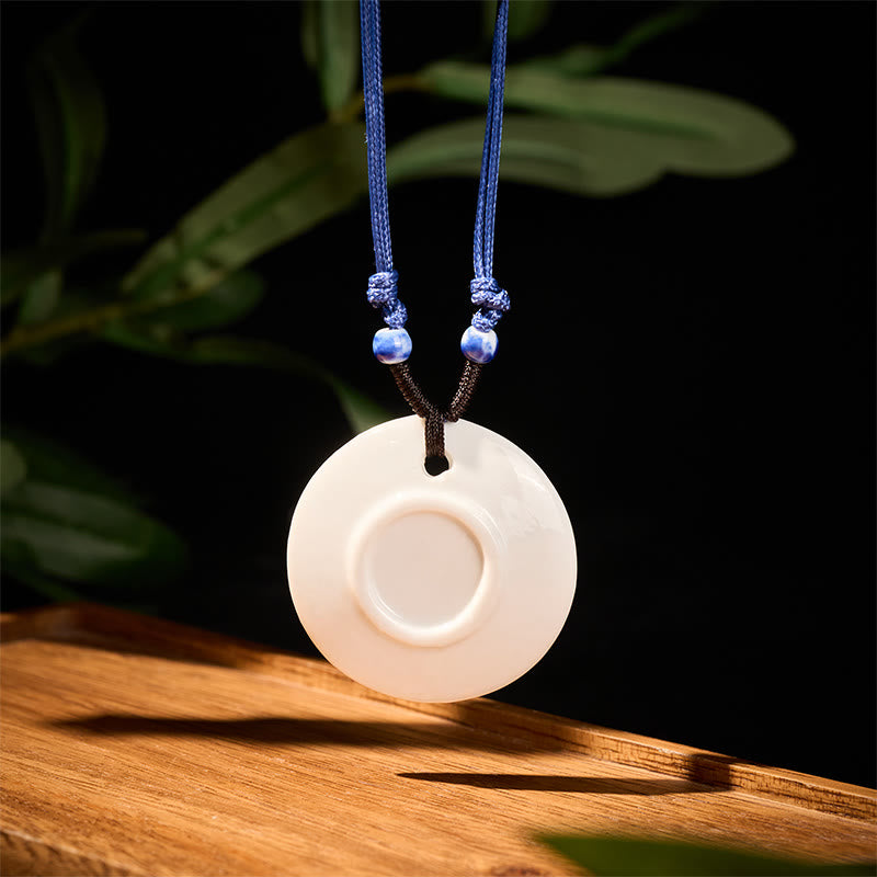 Wear FengShui Ethnic Peony Peach Blossoms Lotus Symbol Ceramics Necklace Enlightenment Pendant