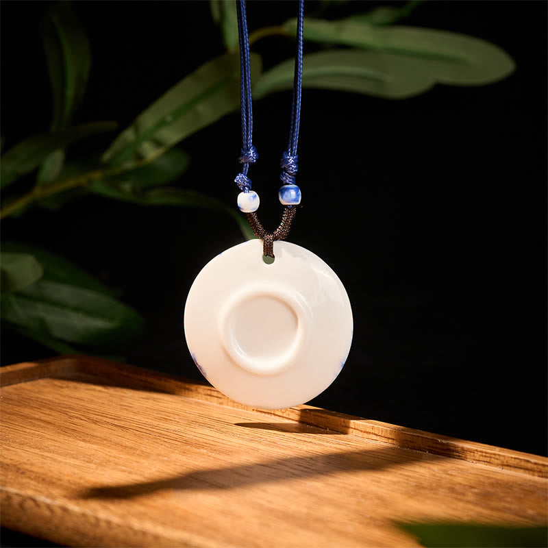 Wear FengShui Ethnic Peony Peach Blossoms Lotus Symbol Ceramics Necklace Enlightenment Pendant