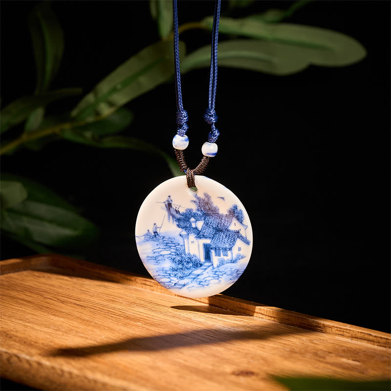 Wear FengShui Ethnic Peony Peach Blossoms Lotus Symbol Ceramics Necklace Enlightenment Pendant