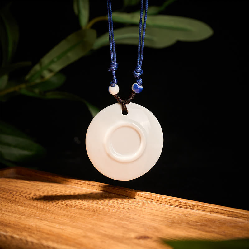 Wear FengShui Ethnic Peony Peach Blossoms Lotus Symbol Ceramics Necklace Enlightenment Pendant