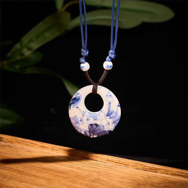 Wear FengShui Ethnic Peony Peach Blossoms Lotus Symbol Ceramics Necklace Enlightenment Pendant