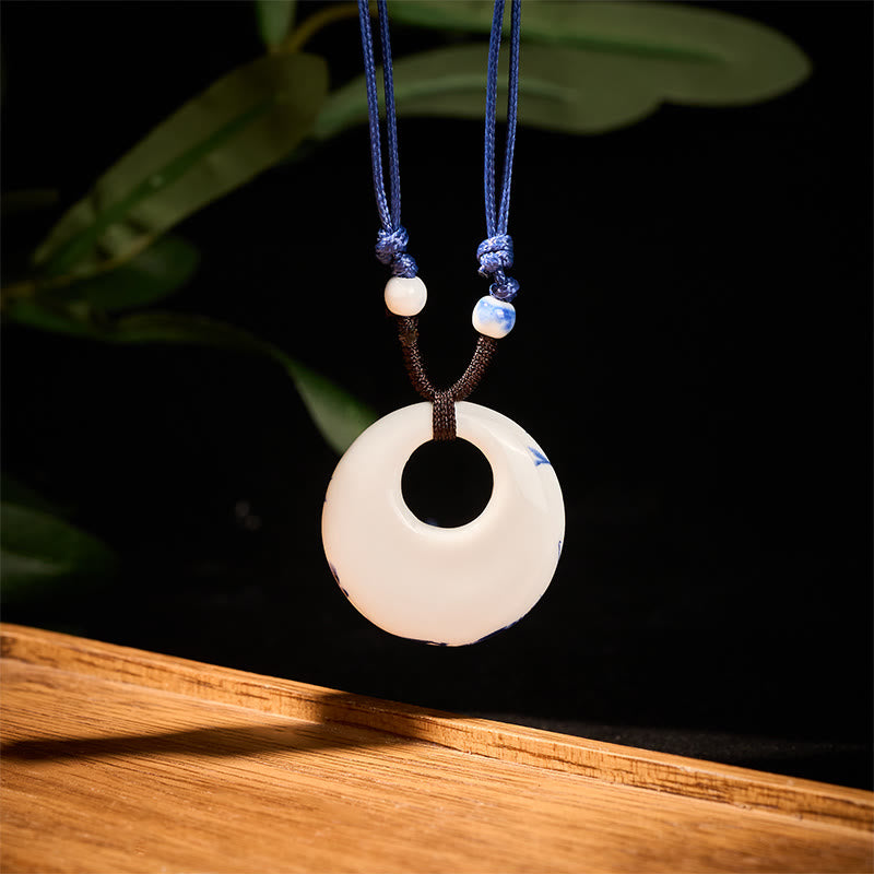 Wear FengShui Ethnic Peony Peach Blossoms Lotus Symbol Ceramics Necklace Enlightenment Pendant