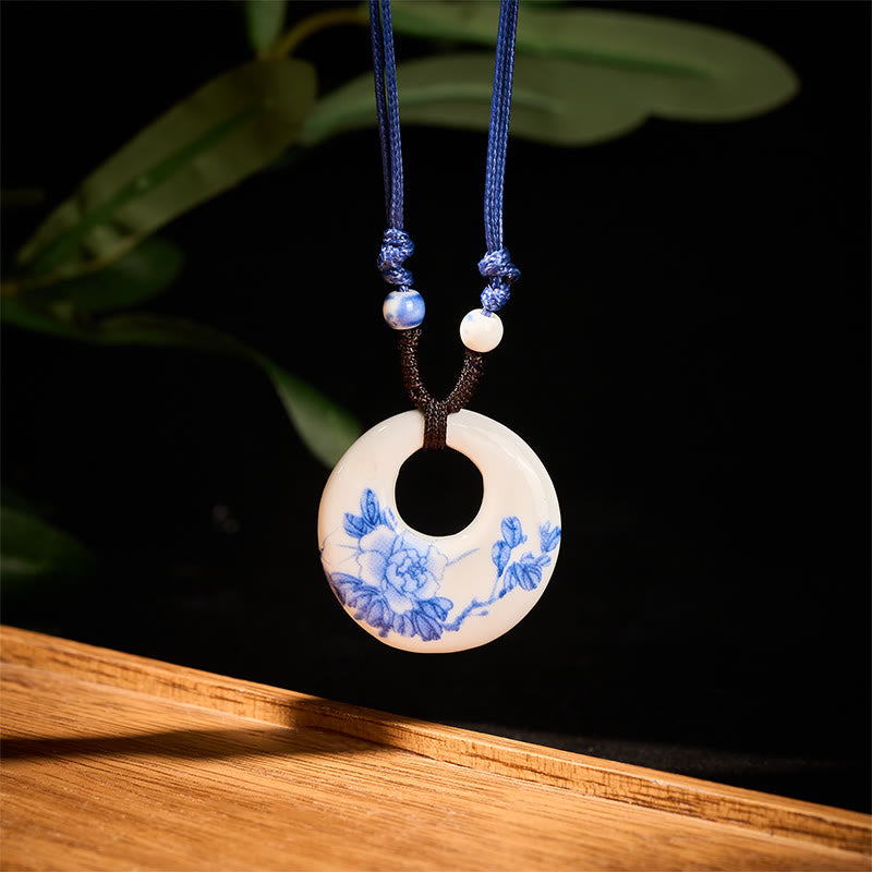 Wear FengShui Ethnic Peony Peach Blossoms Lotus Symbol Ceramics Necklace Enlightenment Pendant