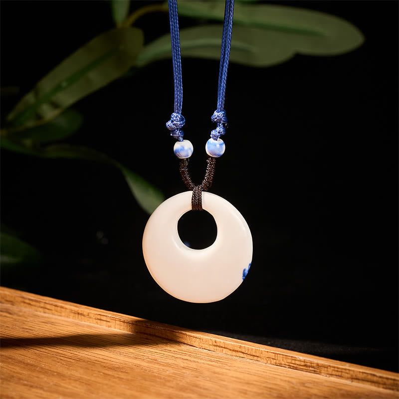Wear FengShui Ethnic Peony Peach Blossoms Lotus Symbol Ceramics Necklace Enlightenment Pendant