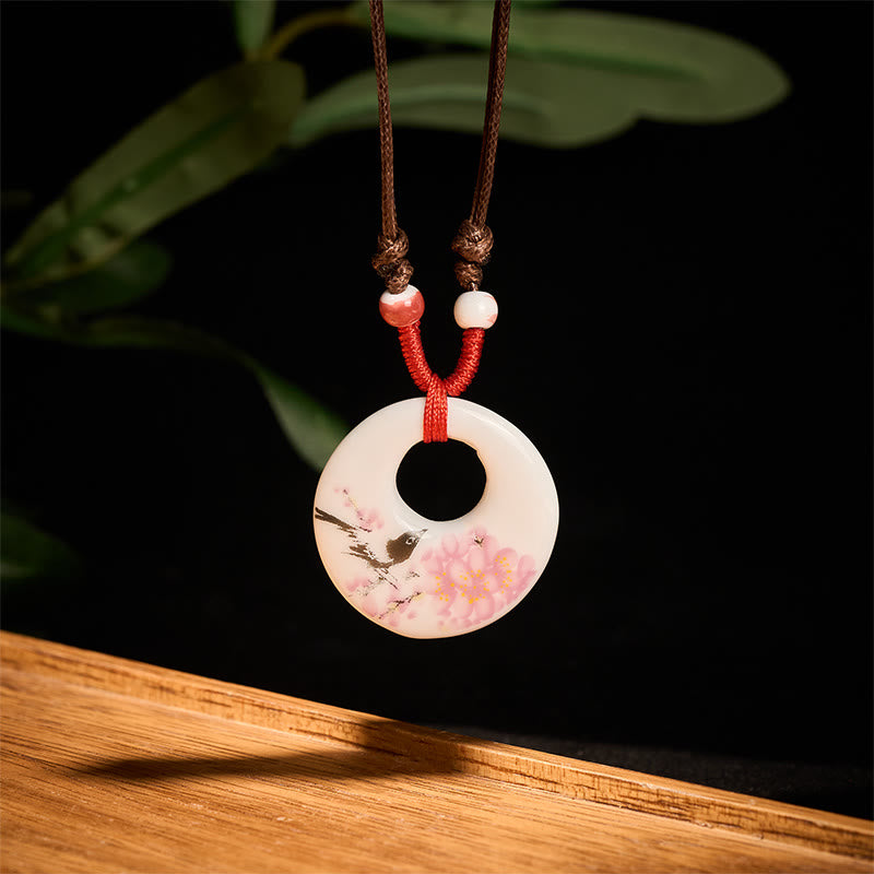 Wear FengShui Ethnic Peony Peach Blossoms Lotus Symbol Ceramics Necklace Enlightenment Pendant