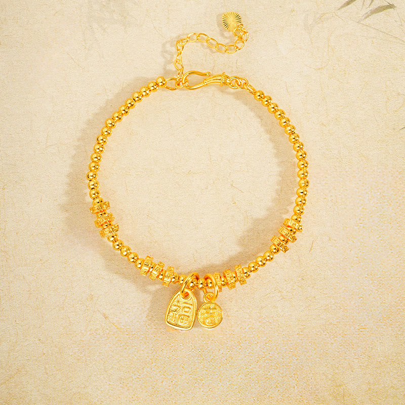 Wear FengShui 24k Gold Plated Brass Fu Character Lucky Charm Blessing Bracelet