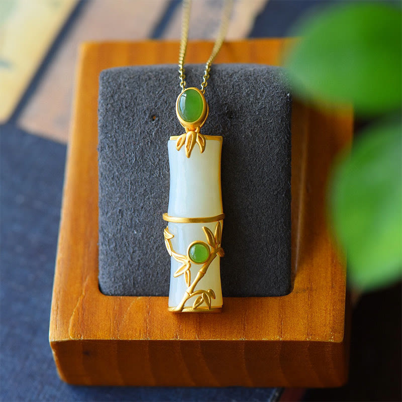 Wear FengShui White Jade Cyan Jade Bamboo Protection Necklace Pendant