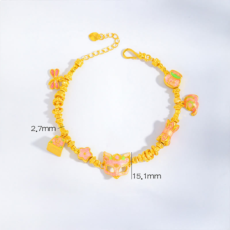 Wear FengShui 24k Gold Plated Brass Fox Fu Character Ruyi Charm Luck Bracelet