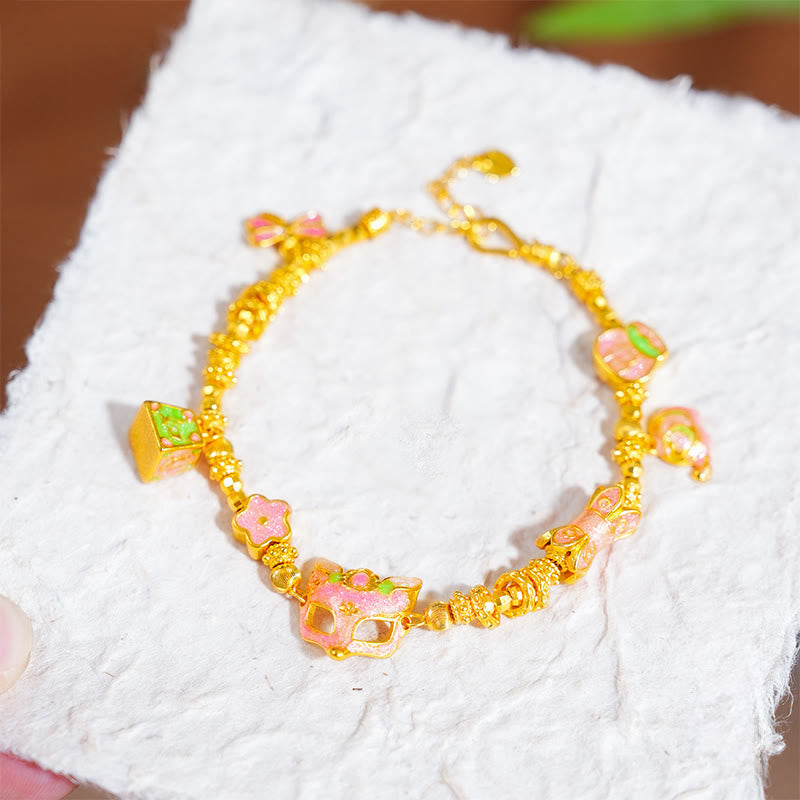 Wear FengShui 24k Gold Plated Brass Fox Fu Character Ruyi Charm Luck Bracelet