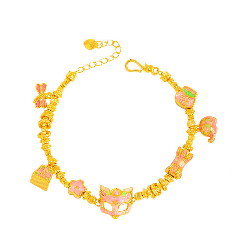 Wear FengShui 24k Gold Plated Brass Fox Fu Character Ruyi Charm Luck Bracelet