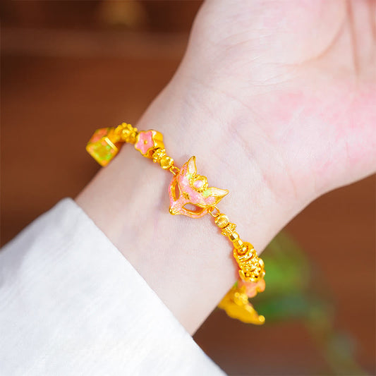Wear FengShui 24k Gold Plated Brass Fox Fu Character Ruyi Charm Luck Bracelet