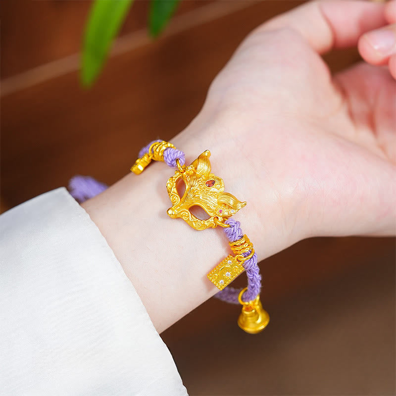 Wear FengShui 24k Gold Plated Brass Fox Bell Charm Fu Character Woven Purple String Luck Bracelet