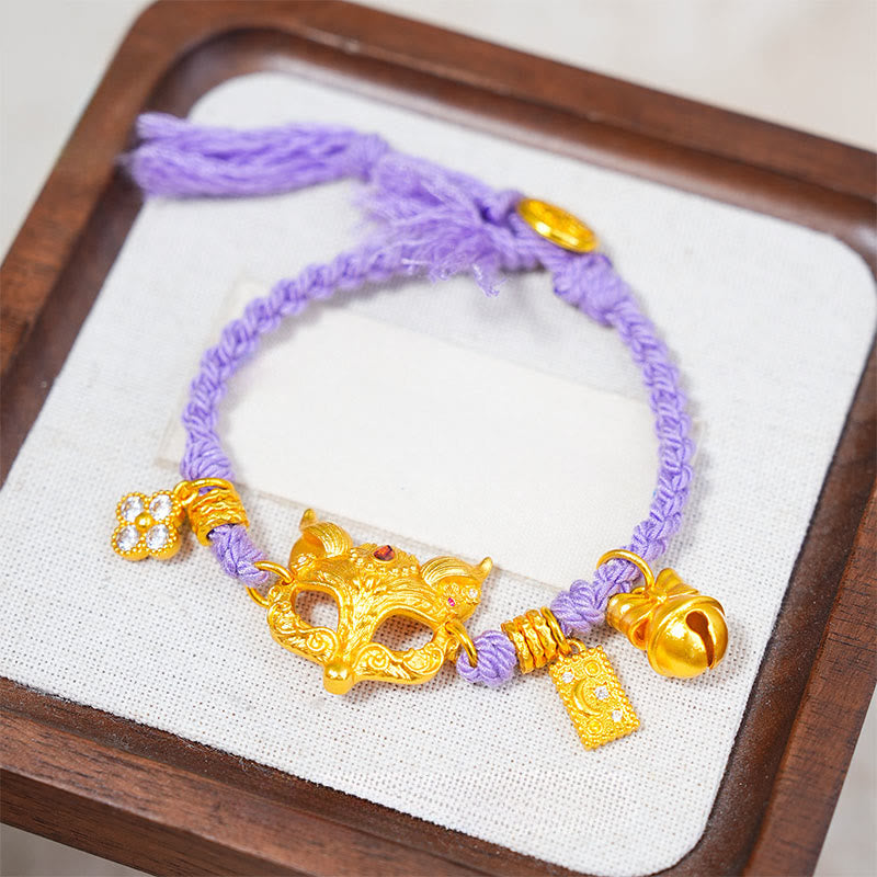 Wear FengShui 24k Gold Plated Brass Fox Bell Charm Fu Character Woven Purple String Luck Bracelet
