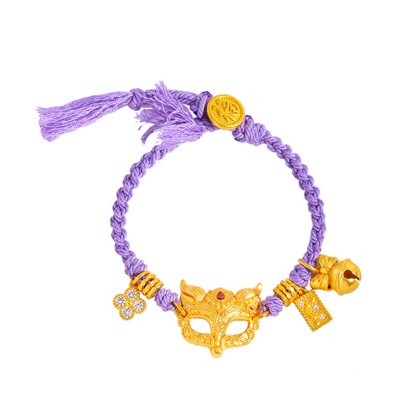 Wear FengShui 24k Gold Plated Brass Fox Bell Charm Fu Character Woven Purple String Luck Bracelet