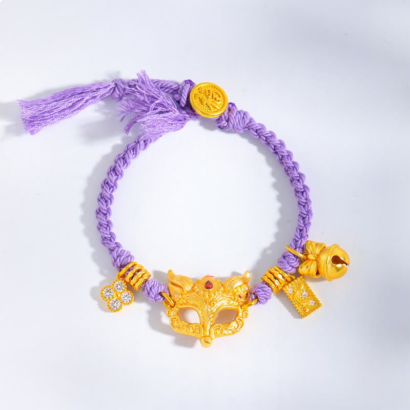 Wear FengShui 24k Gold Plated Brass Fox Bell Charm Fu Character Woven Purple String Luck Bracelet