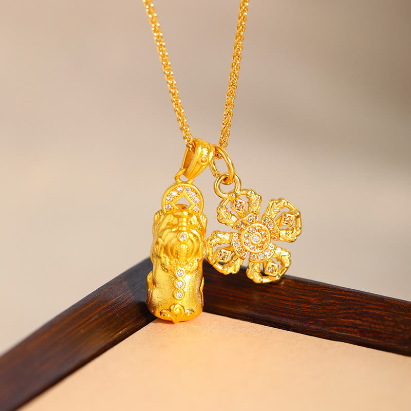 Wear FengShui 24k Gold Plated Brass Pixiu Cross Dorje Vajra Wealth Chain Pendant Necklace