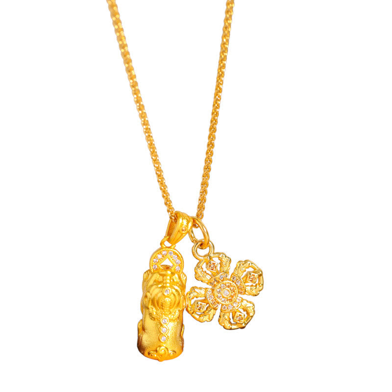 Wear FengShui 24k Gold Plated Brass Pixiu Cross Dorje Vajra Wealth Chain Pendant Necklace