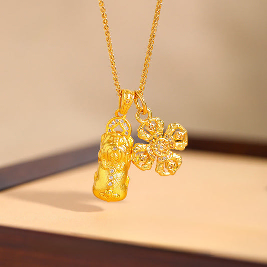 Wear FengShui 24k Gold Plated Brass Pixiu Cross Dorje Vajra Wealth Chain Pendant Necklace