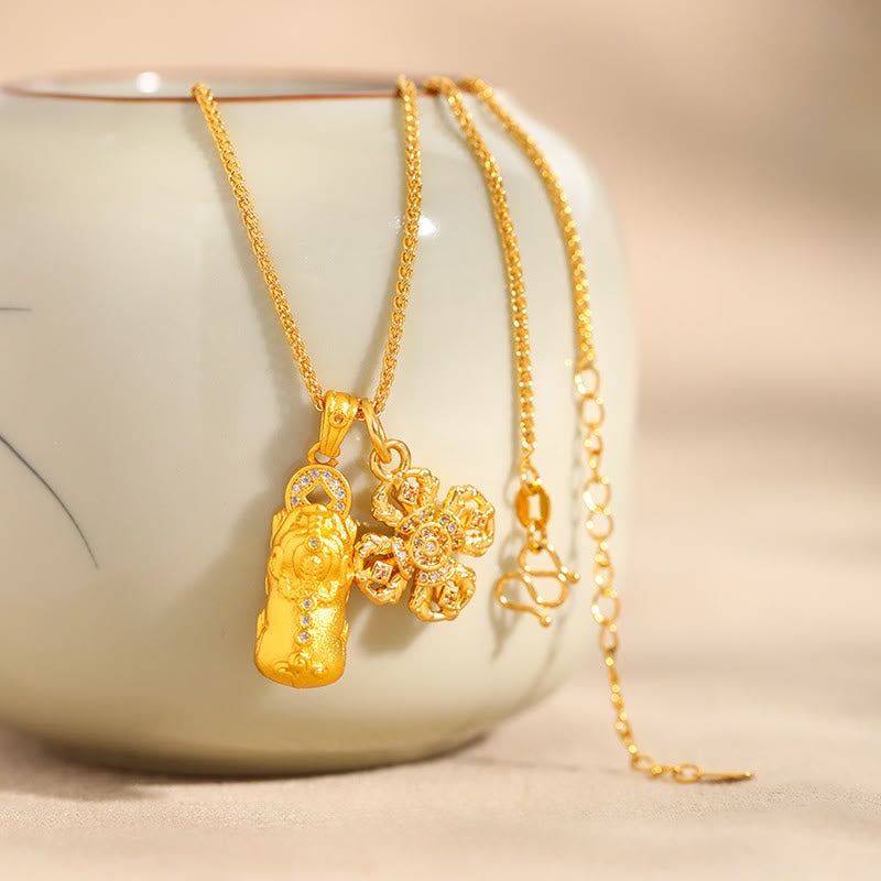 Wear FengShui 24k Gold Plated Brass Pixiu Cross Dorje Vajra Wealth Chain Pendant Necklace