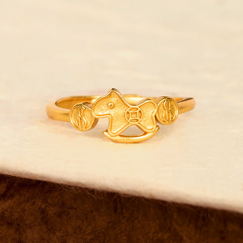 Buddha Stones Year Of The Horse 24k Gold Plated Brass Copper Coin Adjustable Ring