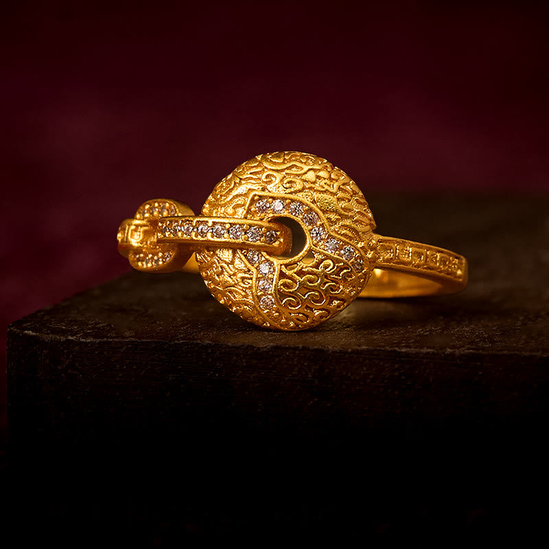 Wear FengShui 24k Gold Plated Brass Hollow Carved Design Peace Buckle Adjustable Fortune Ring