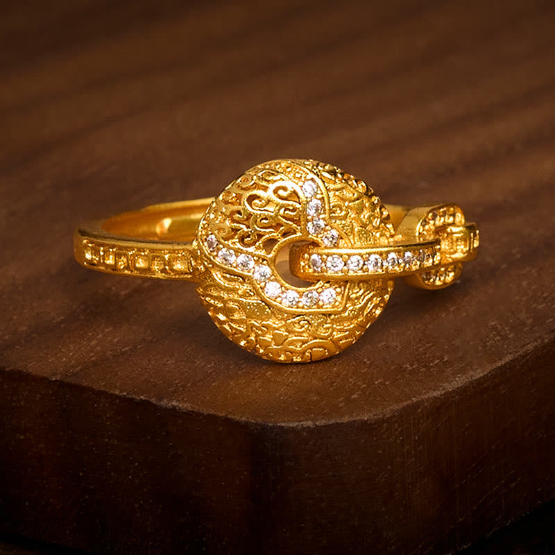 Wear FengShui 24k Gold Plated Brass Hollow Carved Design Peace Buckle Adjustable Fortune Ring