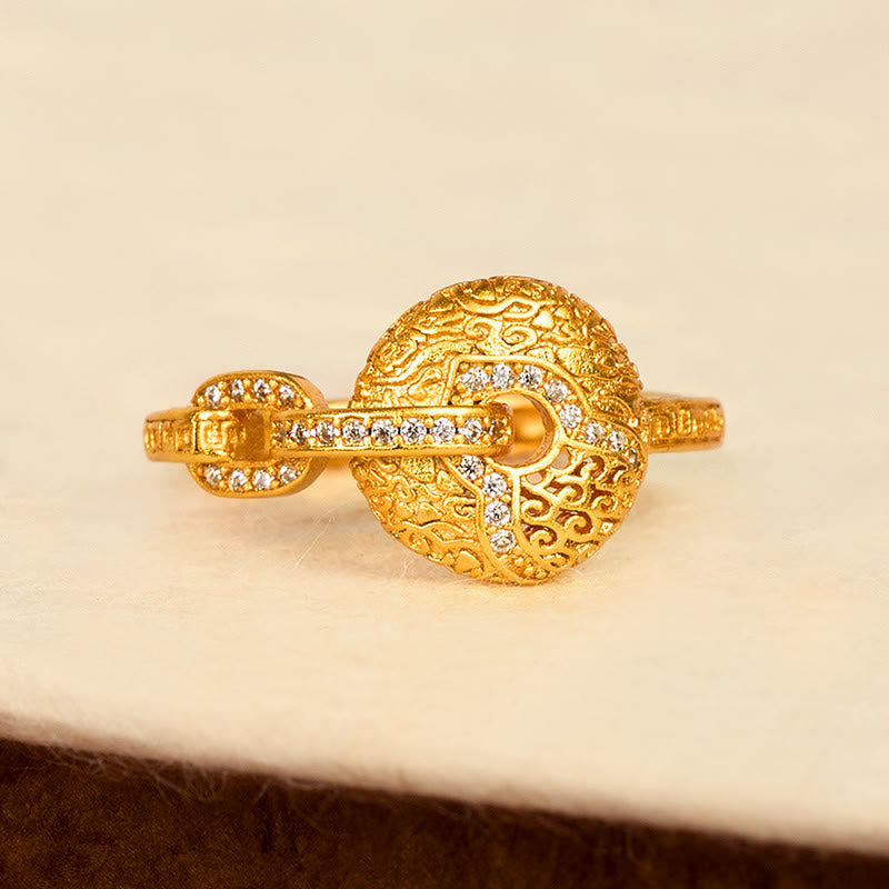 Wear FengShui 24k Gold Plated Brass Hollow Carved Design Peace Buckle Adjustable Fortune Ring