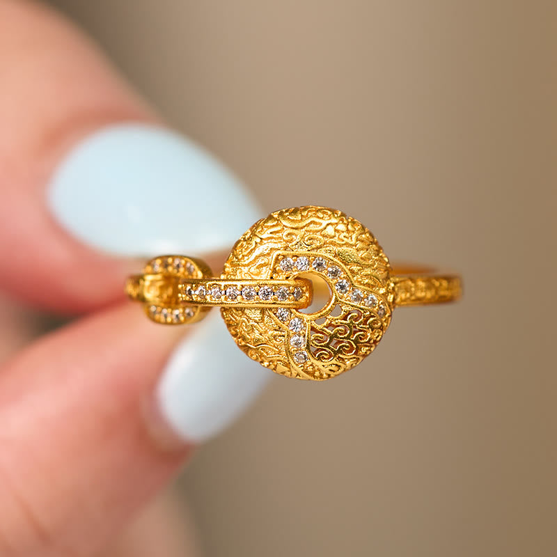Wear FengShui 24k Gold Plated Brass Hollow Carved Design Peace Buckle Adjustable Fortune Ring