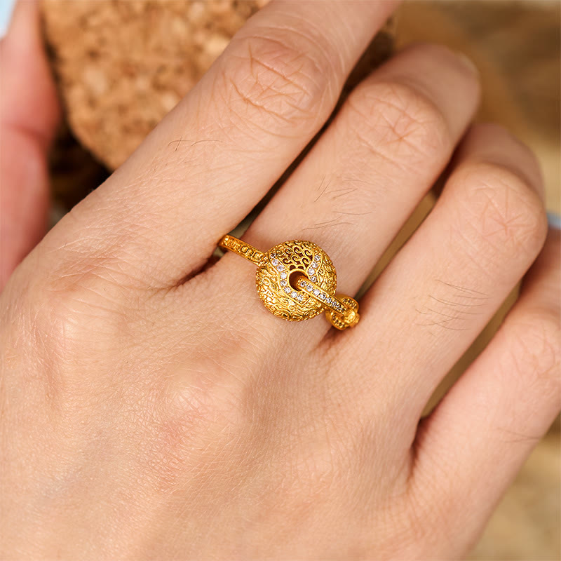 Wear FengShui 24k Gold Plated Brass Hollow Carved Design Peace Buckle Adjustable Fortune Ring