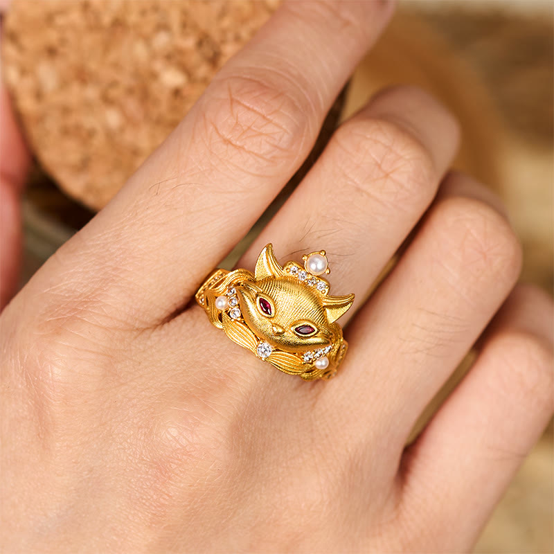 Wear FengShui Fox Head Design 24k Gold Plated Brass Adjustable Ring