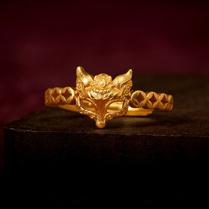 Wear FengShui 24k Gold Plated Brass Fox Coin Hollow Design Adjustable Ring